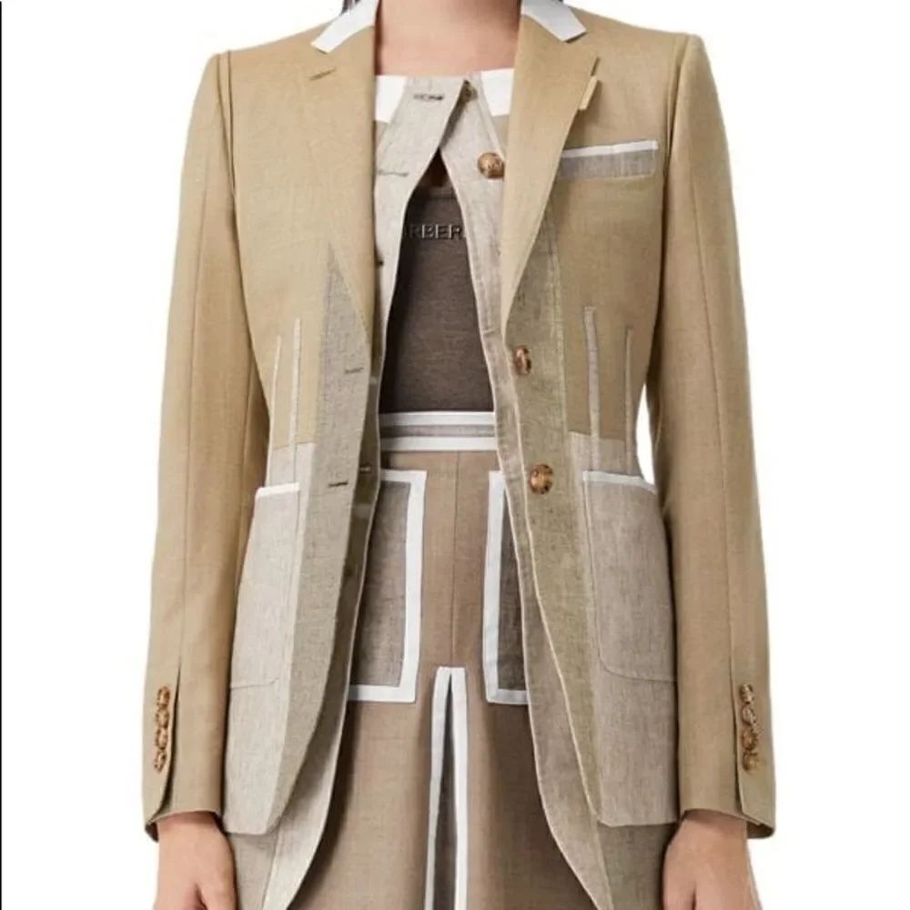 Burberry Contrast Seam Wool-Cashmere Linen Blazer in Pecan Melange, NWT